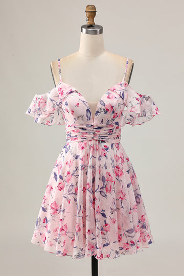 Pink Floral A Line Cold Shoulder Short Homecoming Dress